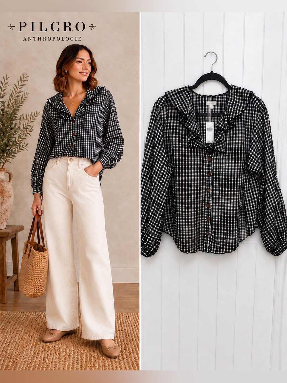 Pilcro for Anthropologie Blue Gingham Ruffle Button Front Blouse